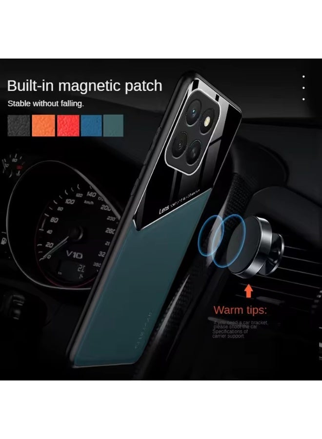 جراب متوافق مع هاتف Honor Enjoy 60 Plus/Honor X7C، غطاء فاخر من الجلد والزجاج مع حامل مغناطيسي للسيارة، غطاء هاتف بإطار ناعم من السيليكون (أزرق) - Image 2