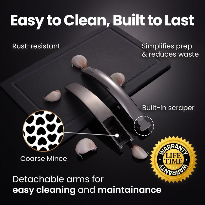 Gourmet Easy No Peeling Required Garlic Press Stainless Steel with Detachable Handle for Coarse Mincing - Premium Garlic Mincer Tool, Rust-Proof, Easy to Clean, Dishwasher Safe Garlic Crusher, Lifetime Replacement - Image 4