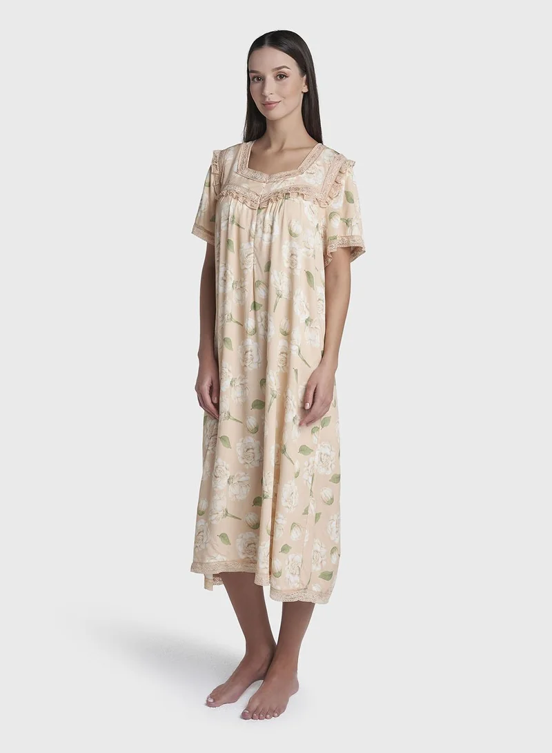 Kashkha  Light Beige Print Rayon Mini Nightwear Dress (CNH501) for Women | Best Price UAE