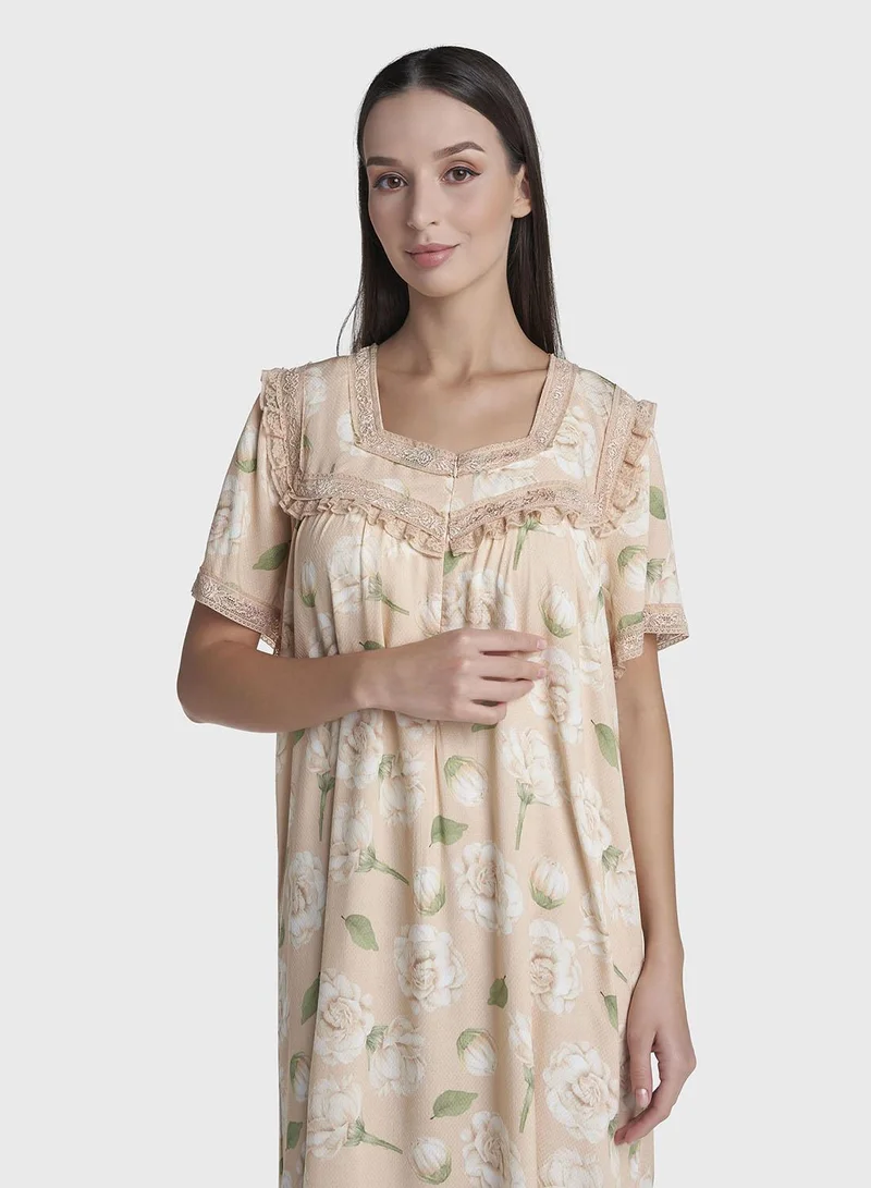 كشخة Light Beige Print Rayon Mini Nightwear Dress (CNH501)