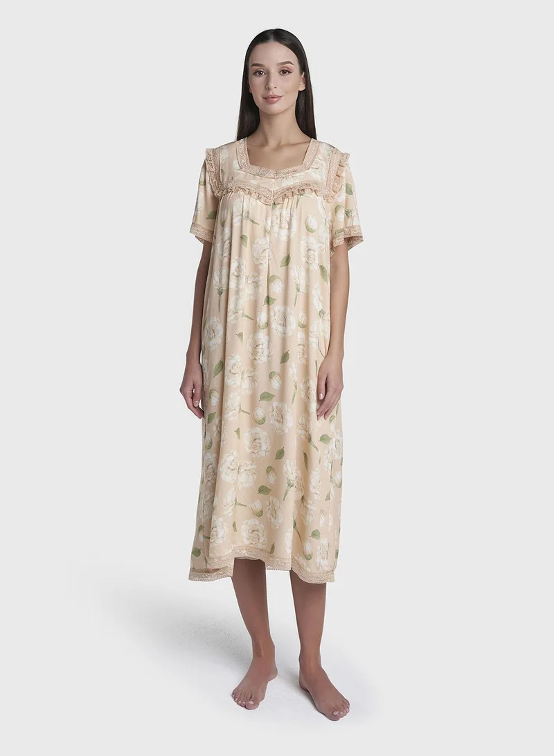 كشخة Light Beige Print Rayon Mini Nightwear Dress (CNH501)