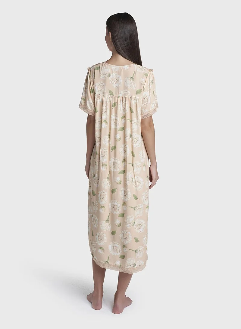 Kashkha  Light Beige Print Rayon Mini Nightwear Dress (CNH501) for Women | Best Price UAE