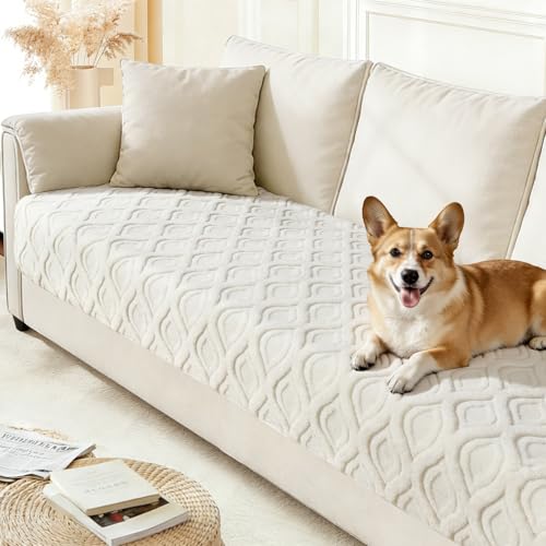 Arfntevss Couch Cover for Dogs Plush Washable Sofa Covers for 3 Cushion Couch Pet Friendly Fuzzy Sofa Slipcover 3 Seat Anti-Slip Boho Sectional Furniture Protector (Jacquard Plush Cream, 35.5" x 71") - Image 1