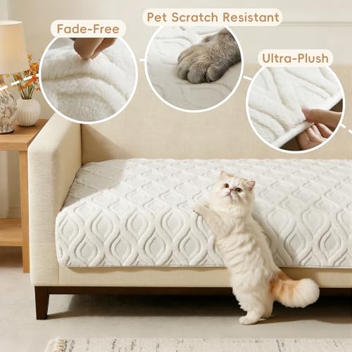 Arfntevss Couch Cover for Dogs Plush Washable Sofa Covers for 3 Cushion Couch Pet Friendly Fuzzy Sofa Slipcover 3 Seat Anti-Slip Boho Sectional Furniture Protector (Jacquard Plush Cream, 35.5" x 71") - Image 3