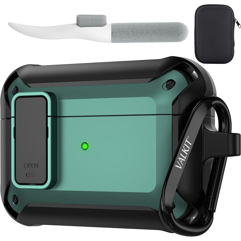 Valkit for Airpods Pro Case Cover with Lock, Military Armor Series Full-Body AirPod Pro Case with Keychain Cool Air Pod Pro Shockproof Protective Case for AirPods Pro 2019, Black/Green - Image 1