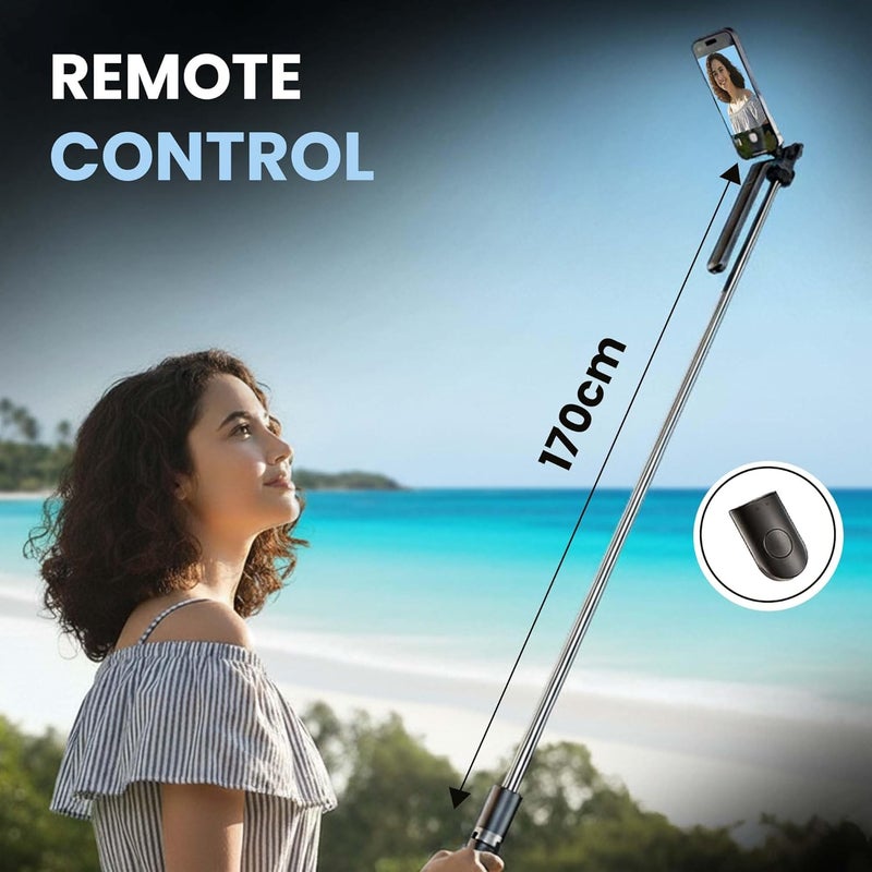 Kratos K18 Long Selfie Stick Tripod Stand 67 inch/1.7 M, 360° Rotation Handle for Anti Shake Shooting Tripod, Multifunctional Bluetooth Tripod for Mobile Phone for Vlogging, Live Stream and Travel - Image 2