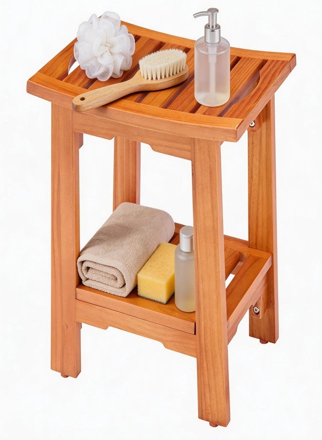 DUMOS Wooden Shower Bench, 14" Waterproof Shower Stool for Inside Shower, 250 LBS Capacity, Non-Slip Bathroom Bench with Shelf & Handles for Senior Adult, Disabled Elderly, Brown - Image 1