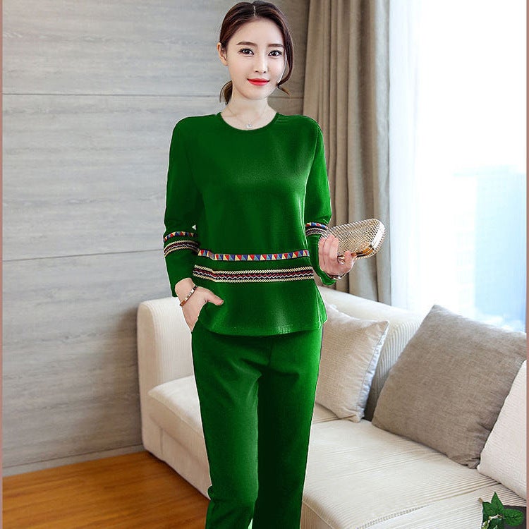 New 2023 Korean style casual sweater pants two-piece long sleeve printed solid color fashion suit womens foreign trade Dark green - Image 1