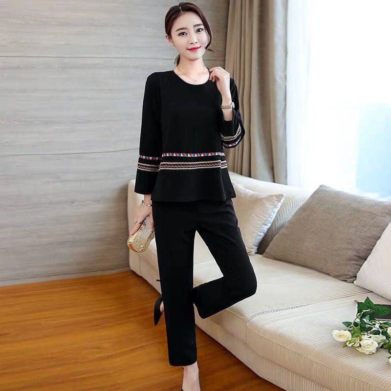 New 2023 Korean style casual sweater pants two-piece long sleeve printed solid color fashion suit womens foreign trade Dark green - Image 4