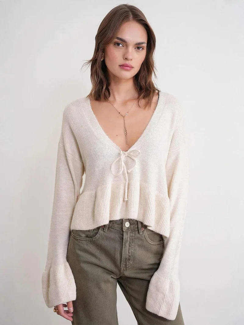MixRay Mixray Bow Detailed Ruffled V-Neck Knit Sweater
