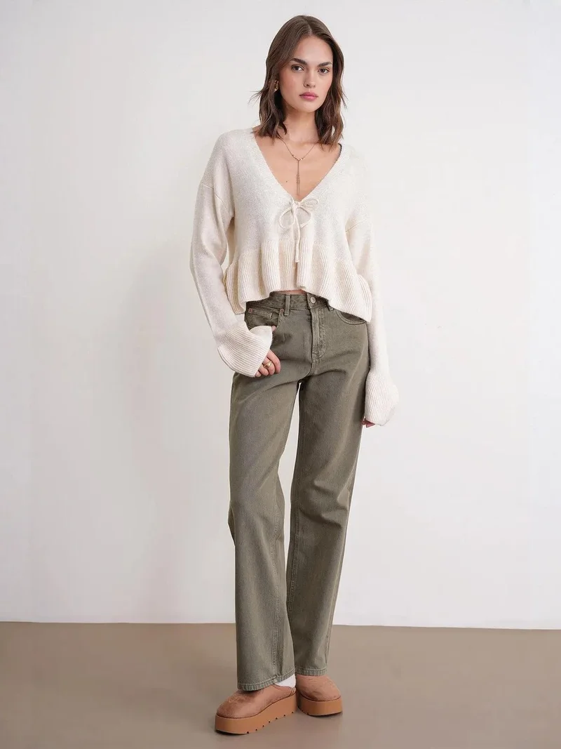 MixRay Mixray Bow Detailed Ruffled V-Neck Knit Sweater