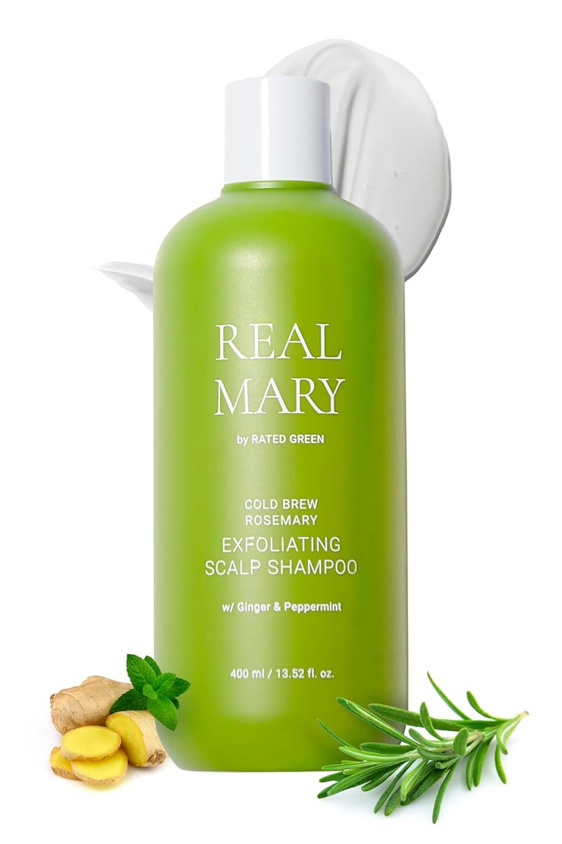 RATED GREEN Real Mary Exfoliating Dry Scalp Shampoo, 13.52 fl oz - Organic Rosemary Hair for Itchy , Gentle Scalp Moisturizer, with Ginger & Peppermint Oil