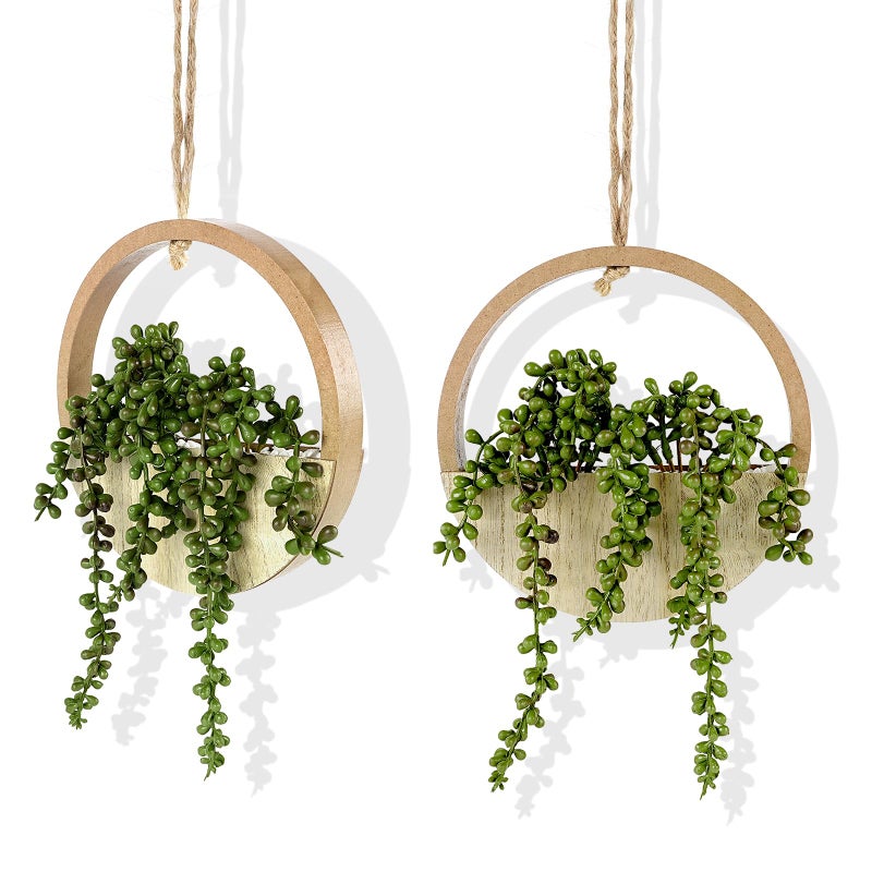 COM4SPORT 2PCS 12.2" Fake Hanging Plant, Succulent Wall Decor, Fake Plants Decor, String of Pearls in Pot with 8.3" Lanyard for House Indoor Outdoor Bedroom Wall Decor Aesthetic(Wood Color) - Image 1