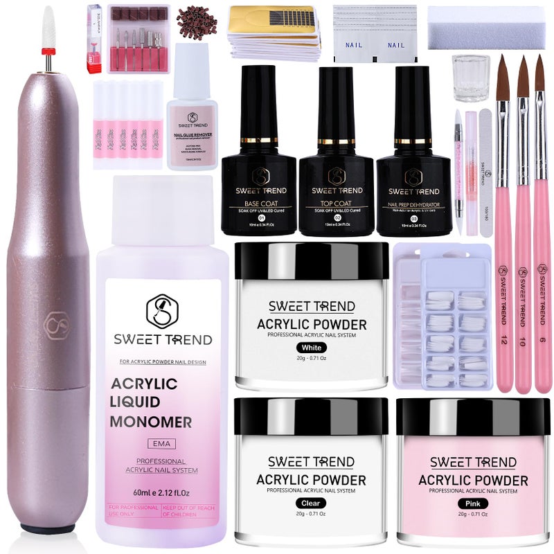SWEET TREND Acrylic Nail Kit with Drill: 20g Clear White Pink Acrylic Powder and Liquid Beginners Set - Professional Brushes Nail Tips Nail Supplies - Full Tools Extensions Starter for Women Home & Salon - Image 1