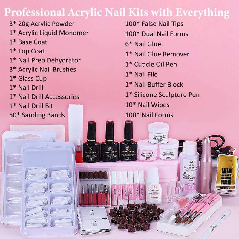 SWEET TREND Acrylic Nail Kit with Drill: 20g Clear White Pink Acrylic Powder and Liquid Beginners Set - Professional Brushes Nail Tips Nail Supplies - Full Tools Extensions Starter for Women Home & Salon - Image 2