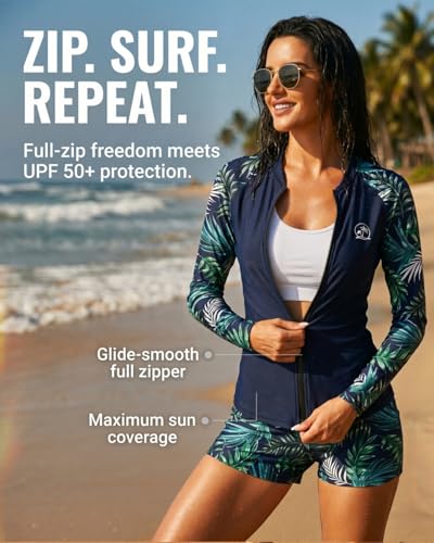 Holipick Blue Leaf 2 Piece Rash Guard for Women Long Sleeve Swimsuit with Shorts UPF 50 Zipper Swim Shirt XS - Image 3