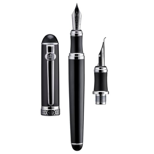 Lanxivi Duke D2 Fountain Pen Black Silver Trim Fine Nib with Additional Fude Nib (Bent Nib) and Converter Calligraphy Art Pen Set - Image 3