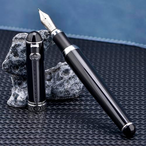 Lanxivi Duke D2 Fountain Pen Black Silver Trim Fine Nib with Additional Fude Nib (Bent Nib) and Converter Calligraphy Art Pen Set - Image 5