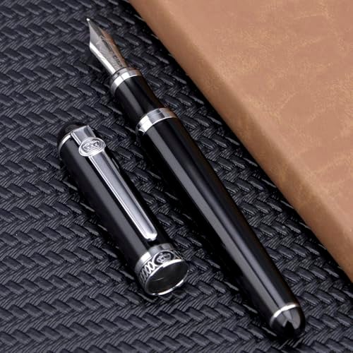 Lanxivi Duke D2 Fountain Pen Black Silver Trim Fine Nib with Additional Fude Nib (Bent Nib) and Converter Calligraphy Art Pen Set - Image 2
