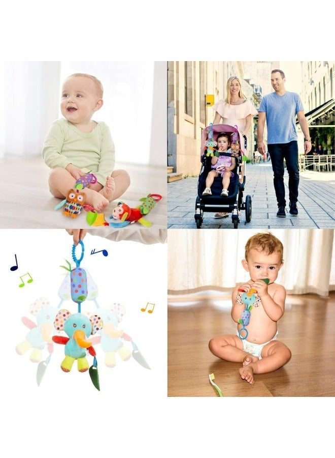 Soft Plush Hanging Rattle Toy for Sensory Development - Stroller, Crib, and Car Seat Activity ( Shapes of an owl, a lion, an elephant, a cat, and a dog ) - Image 2