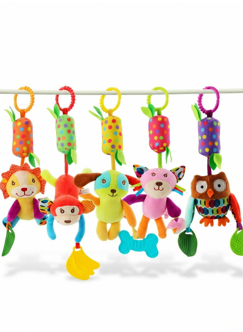 Soft Plush Hanging Rattle Toy for Sensory Development - Stroller, Crib, and Car Seat Activity ( Shapes of an owl, a lion, a cat, and a dog ) - Image 1