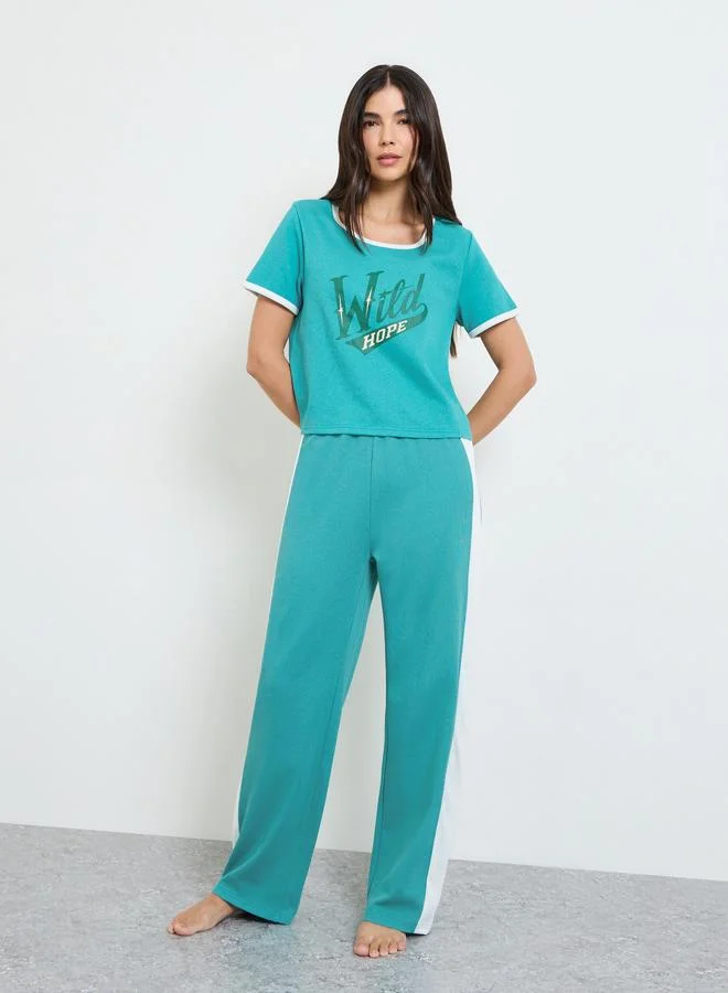 Styli Green Slogan Print T-Shirt and Pyjama Set