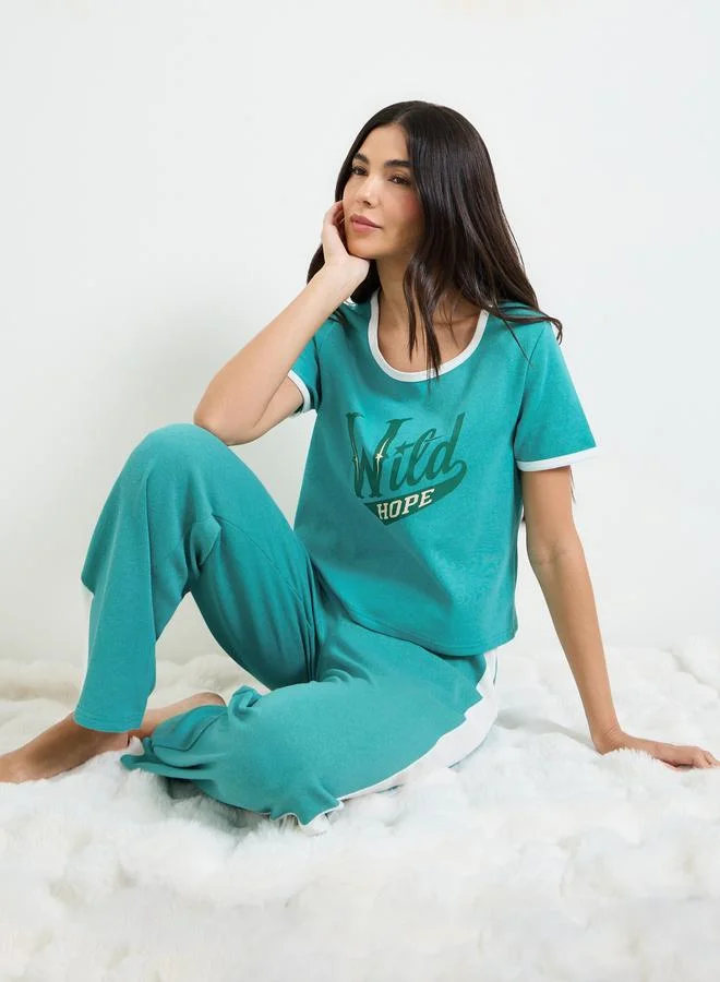 Styli Green Slogan Print T-Shirt and Pyjama Set
