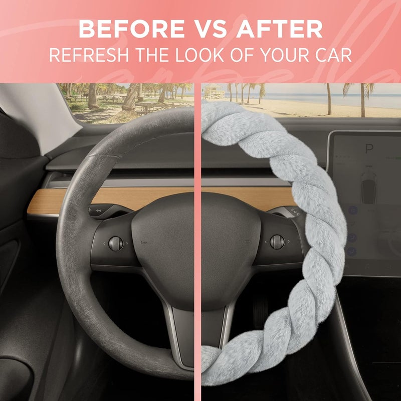 Carbella Twisted Fur Gray Steering Wheel Cover - Image 4