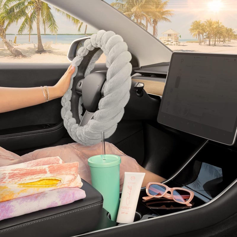 Carbella Twisted Fur Gray Steering Wheel Cover - Image 3