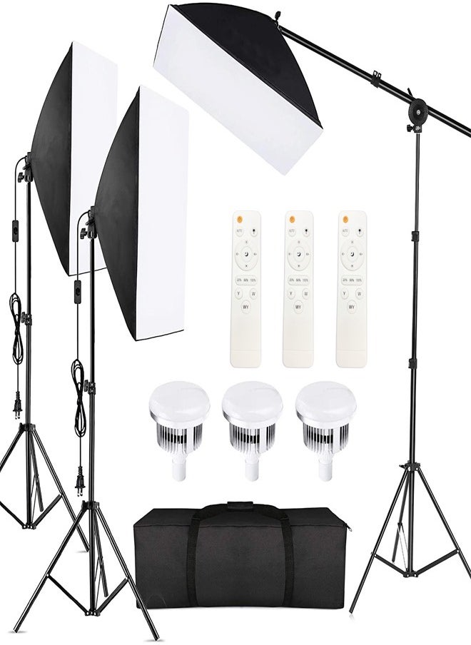 PADOM مجموعة إضاءة التصوير الفوتوغرافي Padom Softbox معدات الاستوديو، 2800-5700K 150W لمبة درجة حرارة ثنائية اللون مع جهاز تحكم عن بعد، حامل إضاءة، صندوق ناعم بذراع ذراع لتصوير المنتجات الشخصية  - Image 1