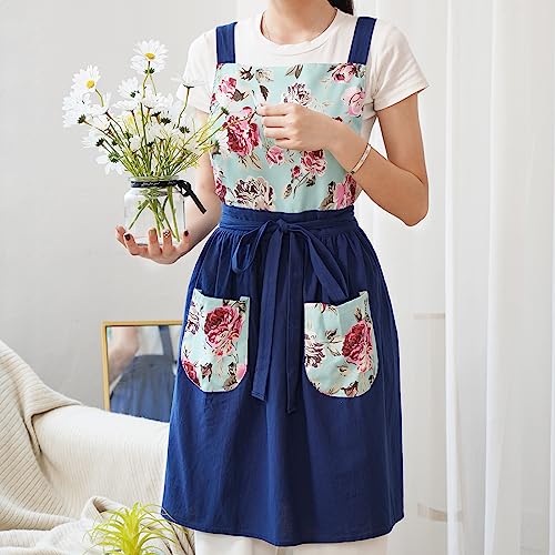 Pinknoke Vintage Pinafore Apron Dress for Women with Pockets Cute Floral Chef Aprons for Kitchen Cooking Baking Gardening (Navy) - Image 2