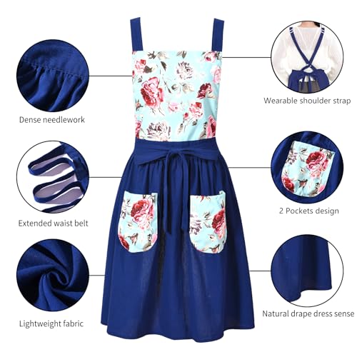 Pinknoke Vintage Pinafore Apron Dress for Women with Pockets Cute Floral Chef Aprons for Kitchen Cooking Baking Gardening (Navy) - Image 5