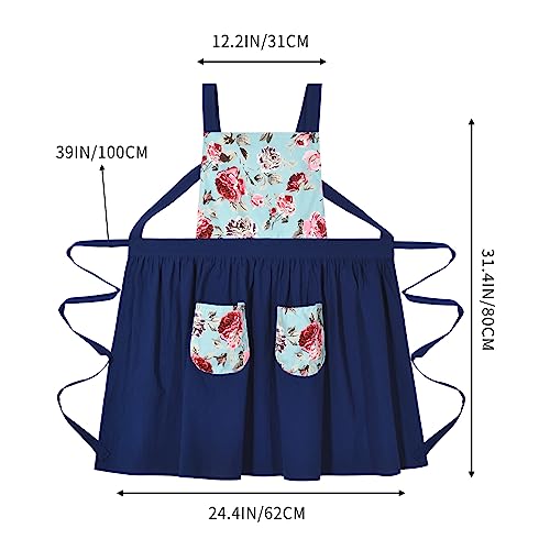 Pinknoke Vintage Pinafore Apron Dress for Women with Pockets Cute Floral Chef Aprons for Kitchen Cooking Baking Gardening (Navy) - Image 4