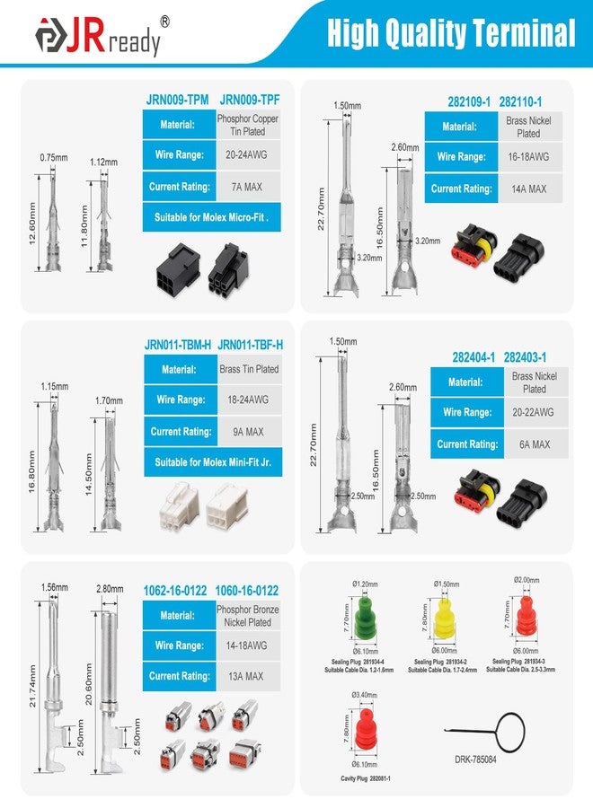JRready Pin Connectors Kit Deutch 16# Micro-fit Mini-fit Jr Superseal 1.5 Wire Crimp Contact with Pin Removal Tool Electrical Automotive Male and Female Contacts ST6530 441Pcs - Image 3