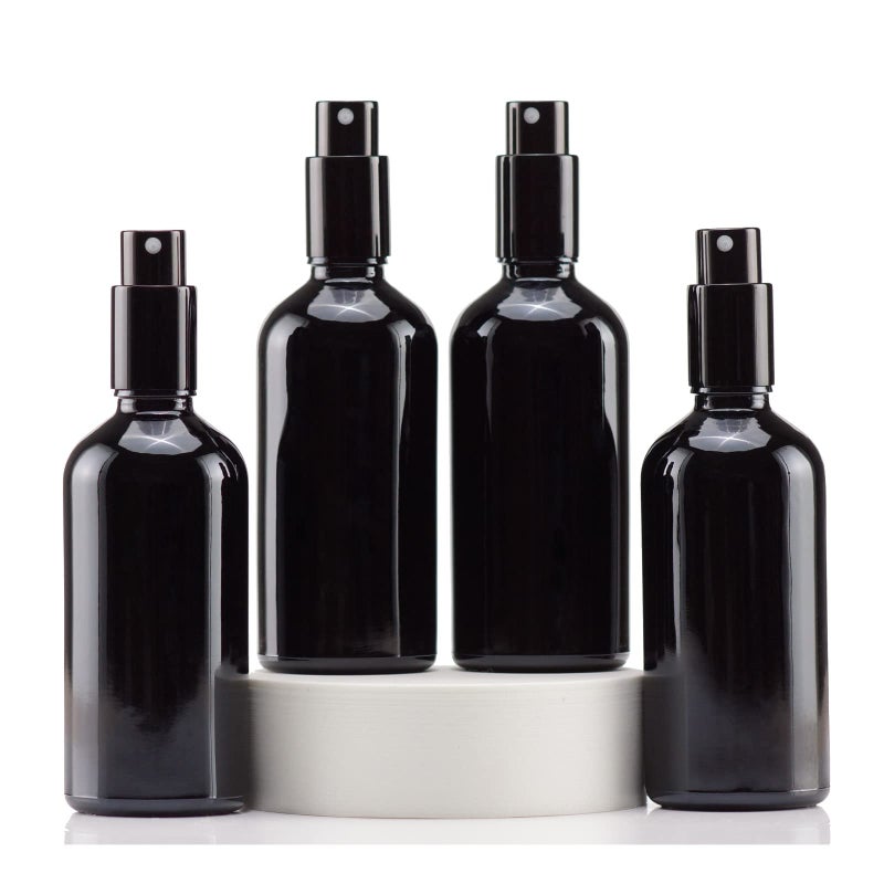 YIZHAO Black Glass Spray Bottles 4oz with Small Fine Mist Spray Metal Cap Refillable for Essential OilTravelCleaningPerfumeAromatherapyMakeup  4 Pcs