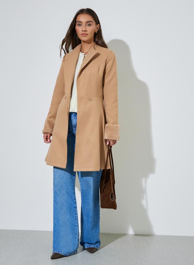 Styli Beige Longline Wool Like Coat With Faux Fur Detail - Image 2