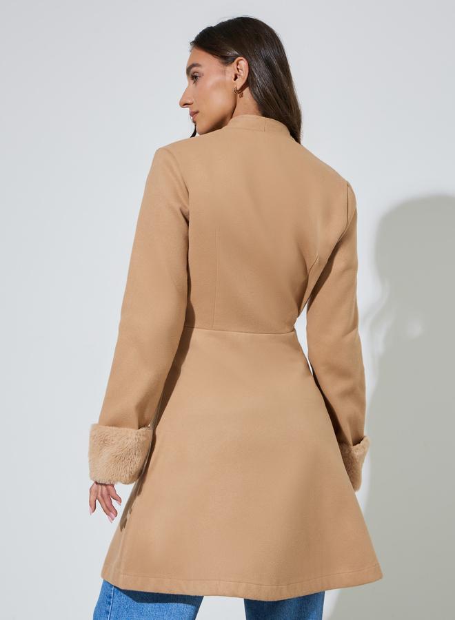 Styli Beige Longline Wool Like Coat With Faux Fur Detail - Image 4