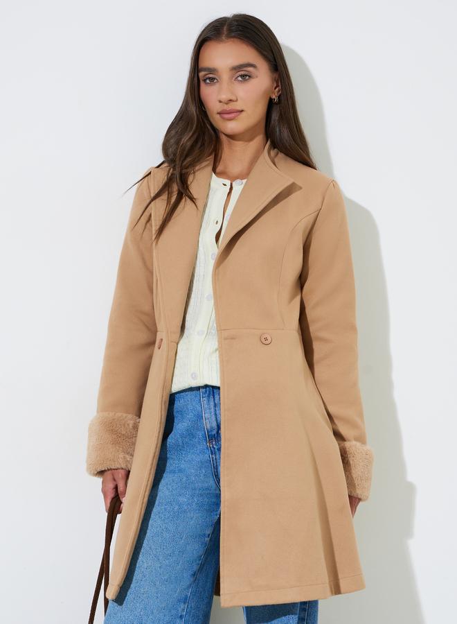 Styli Beige Longline Wool Like Coat With Faux Fur Detail - Image 1