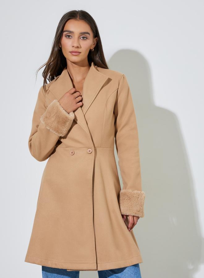 Styli Beige Longline Wool Like Coat With Faux Fur Detail - Image 3