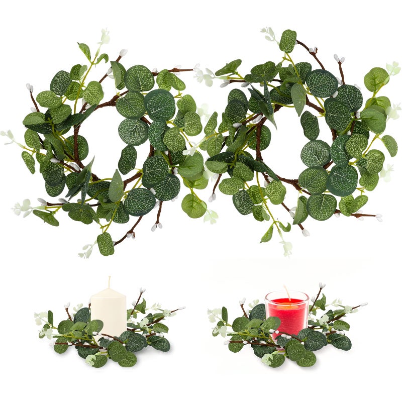 Cabilock 2 Pcs Easter Candle Rings Artificial Eucalyptus Leaves Wreaths Candle Rings Small Boho Wreaths Mini Wreath Candlestick Wreath Decoration for Table Green 314inch Ring Diameter