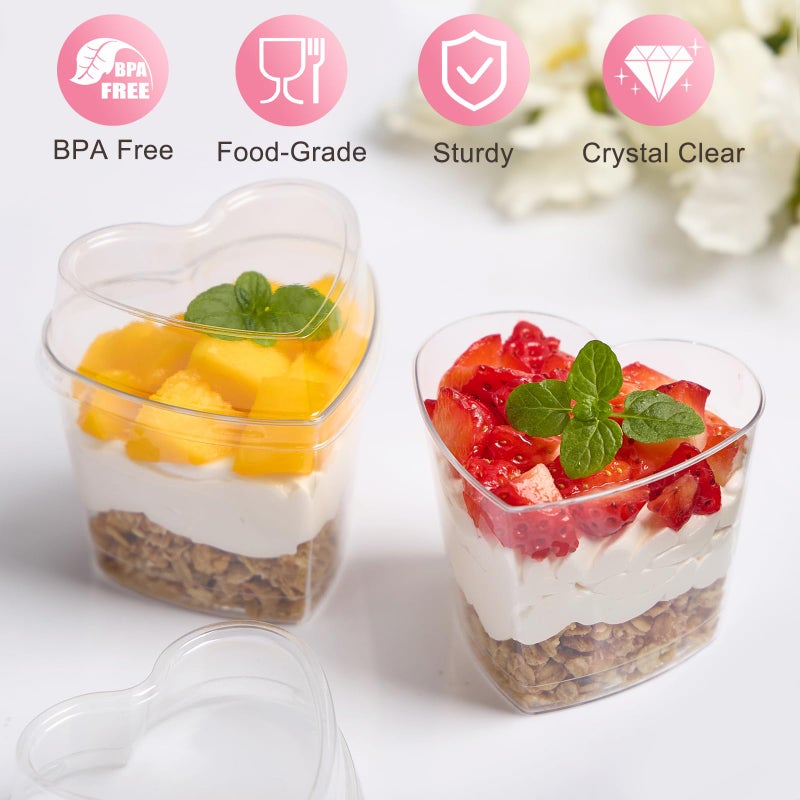TOFLEN 50 Pack Heart Shaped Dessert Cups with Lids and Spoons, 5 oz Mini Plastic Shooter Cups for Parfait, Pudding, Fruit, Cheesecake, Mousse, Jello, Yogurt, Appetizer - Image 3