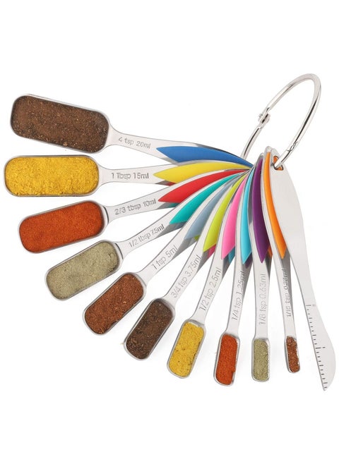 Measuring Spoons Set, Cooking Baking Tablespoon, Stainless Steel Long Handle Stackable for Dry and Liquid Ingredient, Fits in Spice Jar, 11 Pcs