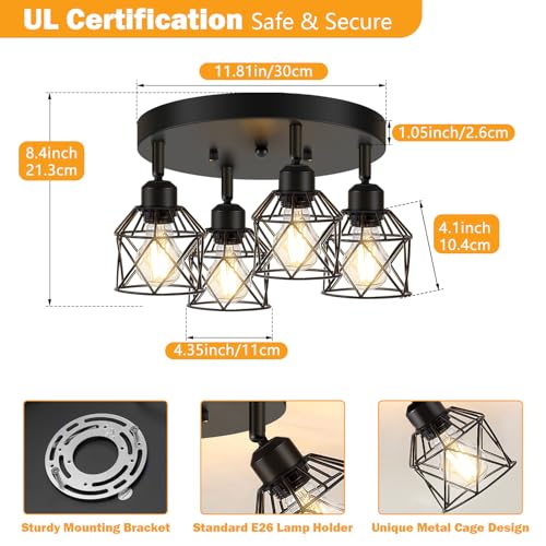 Baocuz 4-Light Kitchen Light Fixtures Ceiling Mount, Adjustable Multi-Directional Black Flush Mount Ceiling Light Fixture, Farmhouse Metal Cage Ceiling Lights for Dining Room Entryway Hallway - Image 2