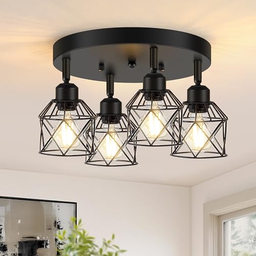 Baocuz 4-Light Kitchen Light Fixtures Ceiling Mount, Adjustable Multi-Directional Black Flush Mount Ceiling Light Fixture, Farmhouse Metal Cage Ceiling Lights for Dining Room Entryway Hallway - Image 1