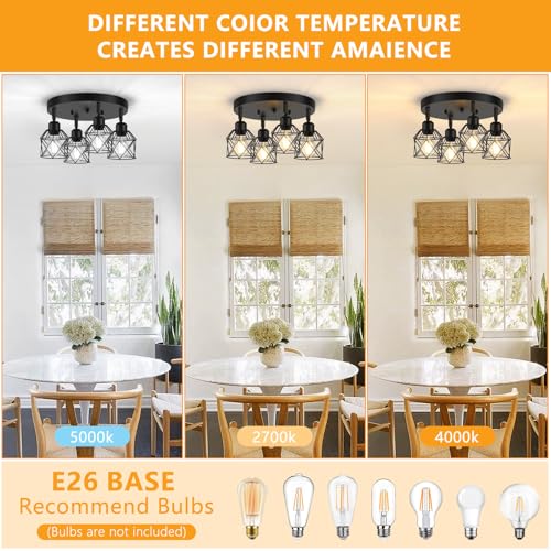 Baocuz 4-Light Kitchen Light Fixtures Ceiling Mount, Adjustable Multi-Directional Black Flush Mount Ceiling Light Fixture, Farmhouse Metal Cage Ceiling Lights for Dining Room Entryway Hallway - Image 3