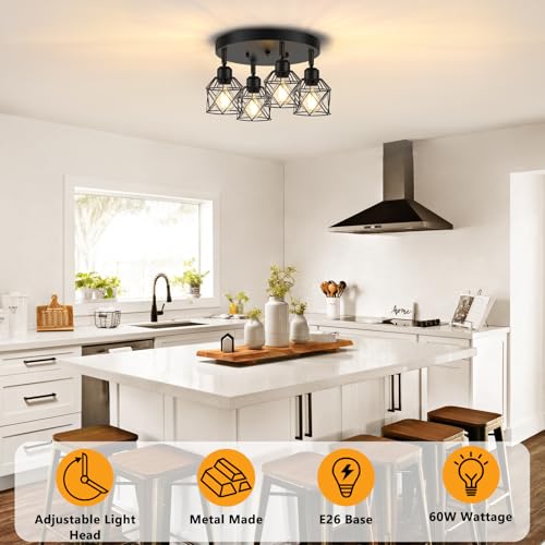 Baocuz 4-Light Kitchen Light Fixtures Ceiling Mount, Adjustable Multi-Directional Black Flush Mount Ceiling Light Fixture, Farmhouse Metal Cage Ceiling Lights for Dining Room Entryway Hallway - Image 5