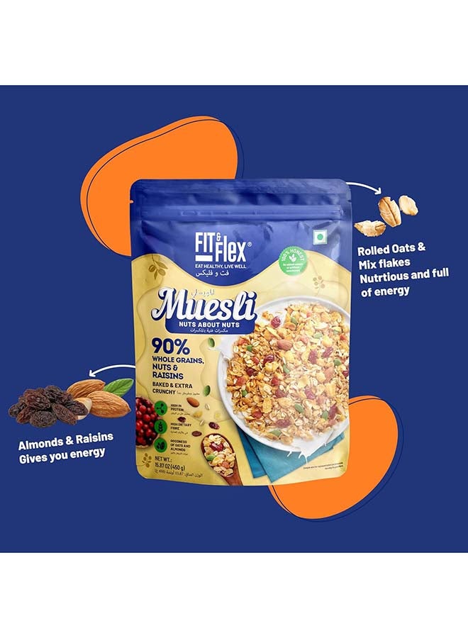 Fit & Flex Healthy Muesli Breakfast| Baked & Crunchy | Nuts About Nuts | Low Added Sugar, Zero Cholesterol and Fibre Rich | High In Protein Snacks| Ready to Eat Healthy Oat Rich Cereal - Image 4