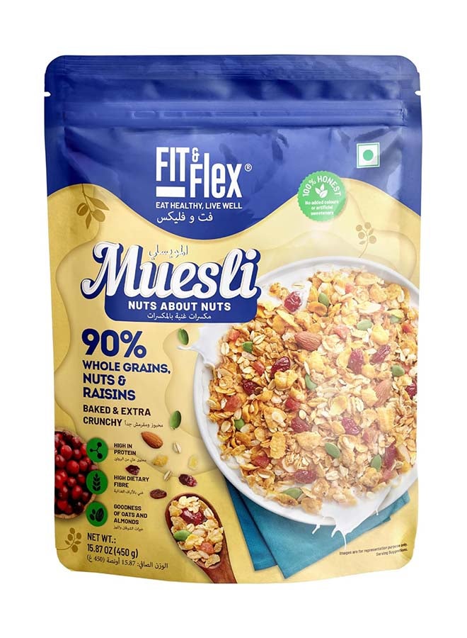Fit & Flex Healthy Muesli Breakfast| Baked & Crunchy | Nuts About Nuts | Low Added Sugar, Zero Cholesterol and Fibre Rich | High In Protein Snacks| Ready to Eat Healthy Oat Rich Cereal - Image 1