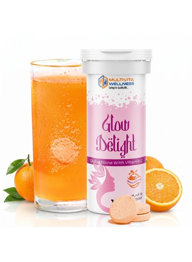 Multivita Wellness Glow Delight Effervescent Tablets | Glutathione 500mg + Vitamin C 1000mg + Hyaluronic Acid | Skin Brightening, Hydration & Anti-Aging Supplement | Orange Flavor | Multivita Wellness - Image 1