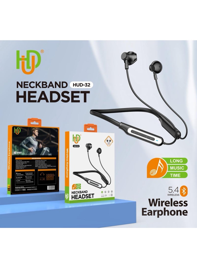 HUD-32 Wireless Neckband Headset - Long Music Time - Bluetooth 5.4 - Sports Design